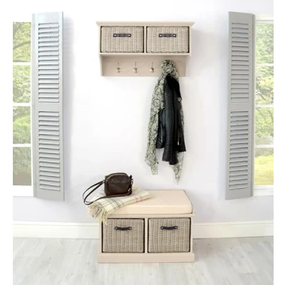 Image of Tetbury Hallway Set, 2 Seater Truffle Storage Bench, Hanging Shelf with Durable Brown Baskets, Cushion Seat, Fully Assembled Furniture (truffle)