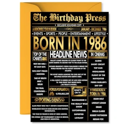 Image of Gold 39th Birthday Card for Men Women Black &amp; Golden Newspaper Born in 1986 Happy 39 Cards Son Brother Husband Auntie Wife Nephew, A5 Bday Greeting