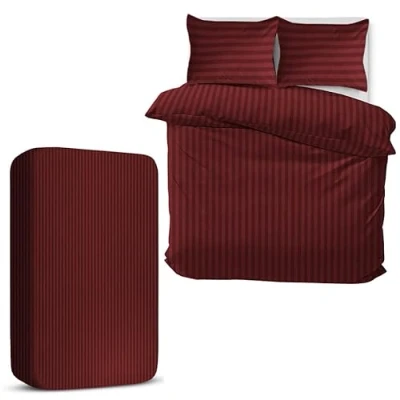 Image of MOONLIGHT20015 Double Duvet Set 4 Piece Satin Stripe Cover Sets Soft Brushed Microfiber Bedding with Fitted Sheet &amp; 2 Pillow Cases (Burgundy, 200x200 cm)