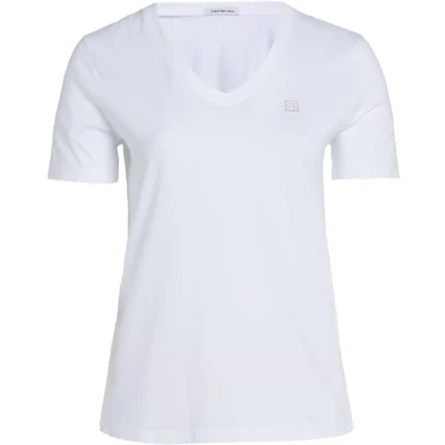 Image of Calvin Klein Jeans Women&#039;s Plus CK Embro Badge V Neck TEE J20J223443 S/S Knit Tops, Bright White, 5XL