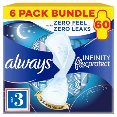 Image of Procter &amp; Gamble Always Infinity Night Sanitary Towels Wings pads Revolutionary Technology, Comfort and Protection, Size 3, Pack of 6, 60