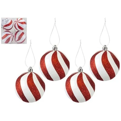 Image of Festive Red &amp; White Candy Cane Striped Baubles 8cm (Pack of 4) Unique Design Ideal Holiday Ornaments for Trees Home Displays