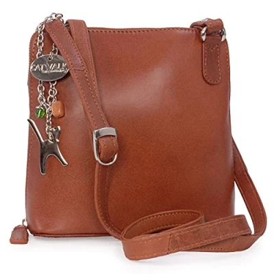 Image of Catwalk Collection Handbags Women&#039;s Medium Leather Cross Body Bag Shoulder With Long Adjustable Strap ELEANOR Tan