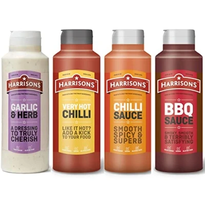 Image of Harrison Multiple Sauces Pack of 4 Sauce Bottles 1 Litre Each (BBQ Sauce, Chilli Very Hot and Garlic Herb Sauce) No Artificial Color or Flavor Made in UK