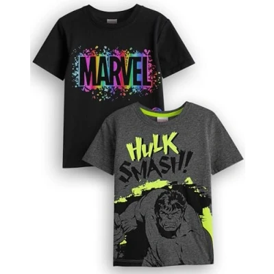 Image of Marvel Boys Pack of 2 T Shirts Kids Superhero Short Sleeve Graphic Tees in Black &amp; Dark Heather Grey Classic Logo Hulk Smash Comic Book Artwork Apparel Tops Film Movie Merchandise Gift