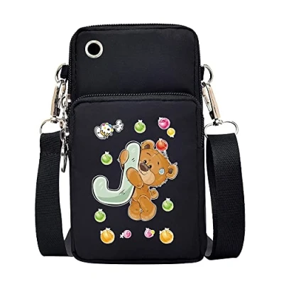 Image of FINDING CASE initial letter Printed Women Girls men Zipper Waterproof Nylon 3 Layers Crossbody Bags Wallet Cellphone Purse Shoulder Bag Wristlet Handbags Adjustable Strap (Bear J)