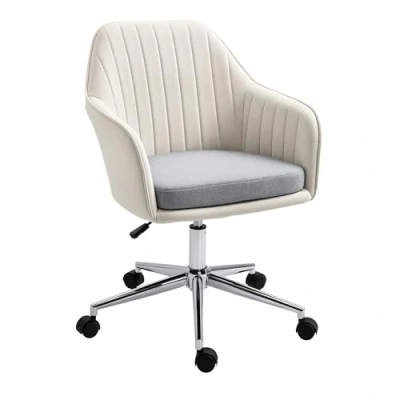 Image of Vinsetto Leisure Office Chair Linen Fabric Swivel Scallop Shape Computer Desk Home Study Bedroom with Wheels, Beige