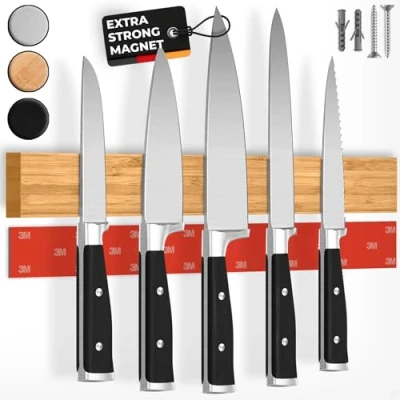 Image of CUCINO Magnetic Knife Holder for Wall 40cm (16&quot;) incl. Self Adhesive Strip, Extra Strong Magnets Walls, Rack with Optional Installation Made of Real Bamboo