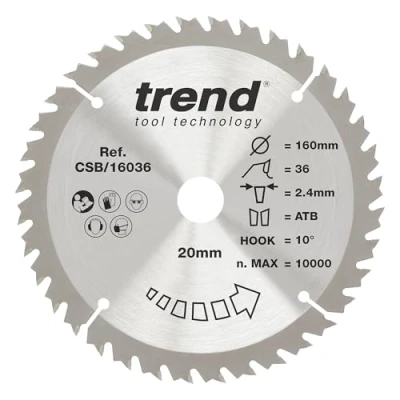 Image of Trend Wood Circular Saw Blade, 160mm Diameter, 20mm Bore, 36 Teeth, TCT, 2.2mm Kerf, +5 Hook, CSB/16036
