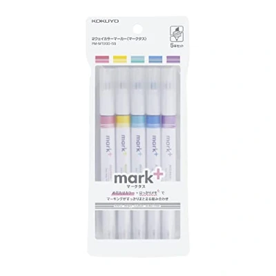 Image of KOKUYO 2 Way Pastel Highlighter 5 Colors Set. Mark+ Dual Tips Markers, Quick Dry Chisel Fine Tip Pack of Pink, Blue, Green, Purple, Yellow. Japan Import (PM MT200 5S).