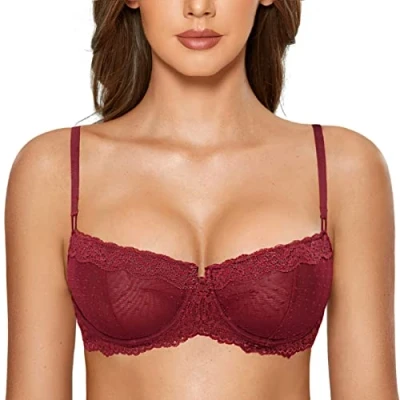 Image of DOBREVA Women&#039;s Sexy Lace Balconette Bra Unlined Underwire Open Half Cup See Through Sheer Balcony Dark Red 38E
