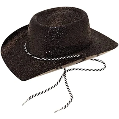 Image of Pams Black Glitter Cowboy Hat With Cord Tie Western Hen Night Fancy Dress Accessory