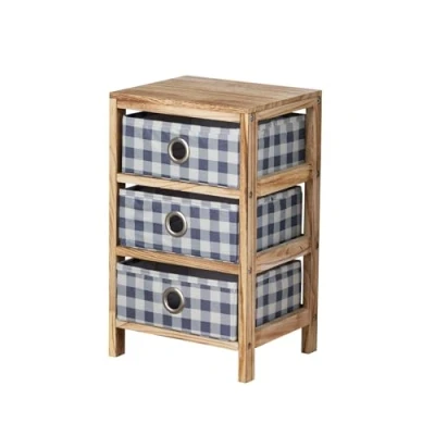 Image of Home Source Storage Chest, Solid Wood Frame, Blue Plaid Fabric Pull Out Drawers, Coastal Style Bedroom Organiser, 3 Drawer