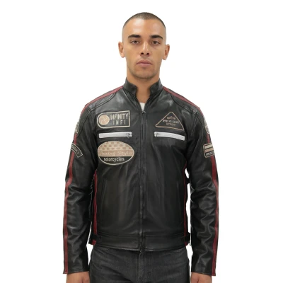 Image of Mens Black Leather Biker Badges Racing Moto Jacket M