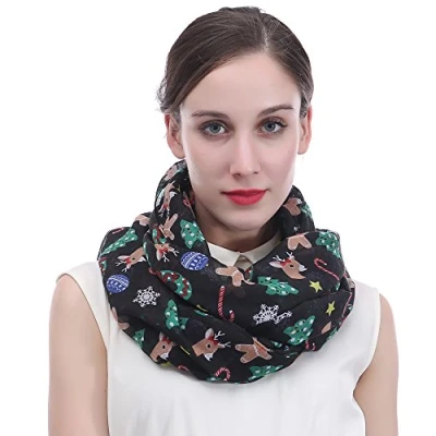 Image of Lina &amp; Lily Christmas Pattern Print Lightweight Snood Scarf (Black)