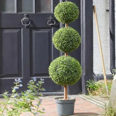 Image of Garden Mile® Green Topiary Tree Artificial Plantation Plants and Pots Artistic Round Ball Cut Bush for Doorway Front Porch Decking (Trio 120cm)