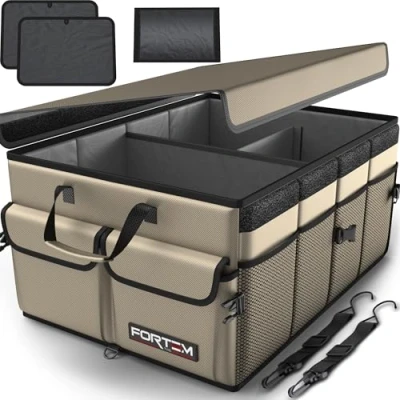 Image of FORTEM Car Boot Organiser, Storage Accessories, Collapsible Multi Compartment Tidy, Non Slip Bottom, Adjustable Securing Straps (Tan, Large)