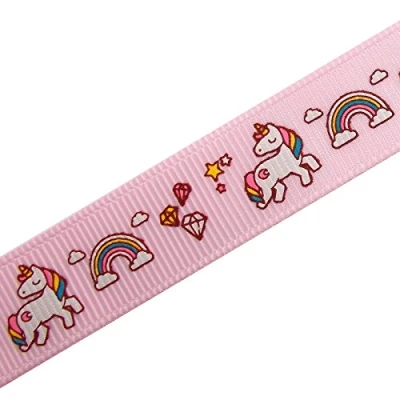 Image of Unicorn and Rainbow Grosgrain Ribbon 16mm Wide Pink (3 metres)