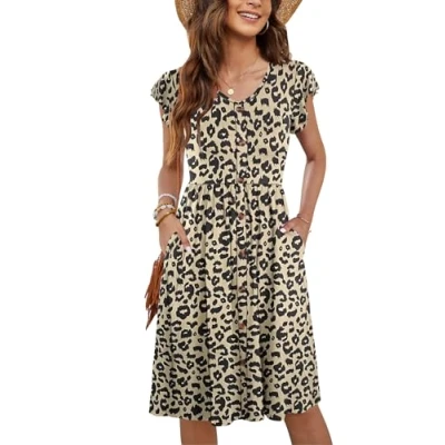 Image of MOLERANI Women Summer Dresses V Neck Ruffle Sleeve Casual Swing Elastic Waist Midi Dress with Pockets Leopard M