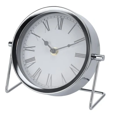 Image of Carousel Home Modern Silver Metal Mantel Clock Battery Operated Desk With Stand Nightstand Bedside Table 16x18cm