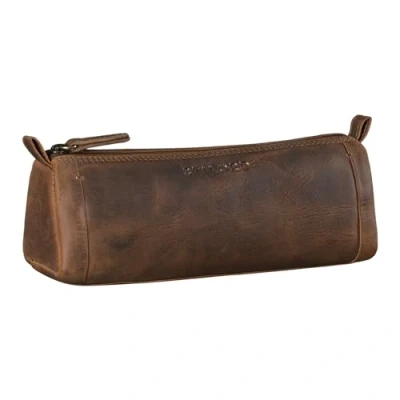 Image of STILORD &#039;Freddie&#039; Vintage Leather Pencil Case Classic Pen Pouch for Women Men Stationary Slim Holder Sleeve Brush in Genuine Leather, Colour:Middle Brown