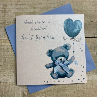 Image of WHITE COTTON CARDS BEAUTIFUL GREAT GRANDSON BLUE TEDDY NEW BABY CARD, HAND FINISHED (D309 B)