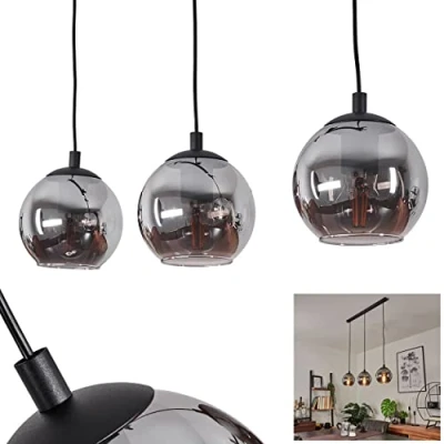 Image of pendant light Sernf, hanging made of metal/glass in black/smoke colour vintage design, with lampshades real glass (Ø16,5cm), max. height 111cm, 3 flame, 3xE27, without bulbs