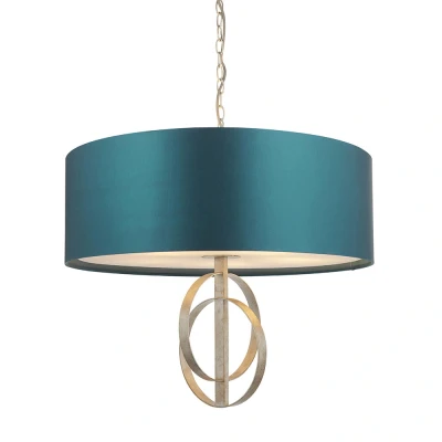 Image of Trento 5 Light Ceiling Pendant Antique Silver Leaf &amp; Teal Satin Fabric