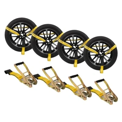 Image of (4 Pack) 2&quot; x 120&quot; Car Tie Down Lasso Style Straps with Flat Hook 3333 LB Working Load Limit, Tire for Trailer Vehicle Wheel Hauling Cars
