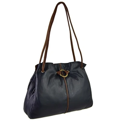 Image of Gigi Ladies Classic Soft Leather Shoulder Handbag Othello Collection Navy/Mid Brown