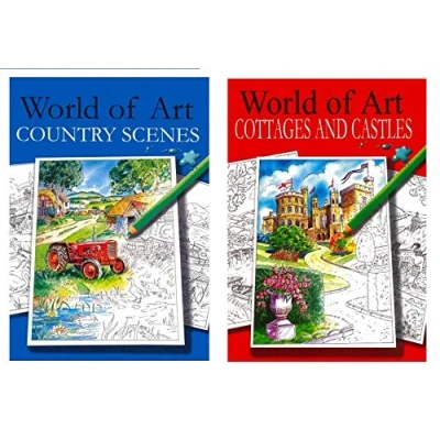 Image of World of Art A4 Adult Colouring Books, Cottages &amp; Castles + Country Scenes Set 2