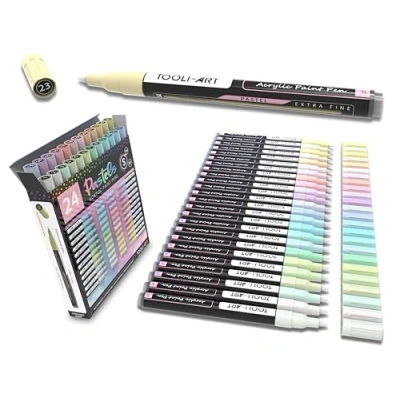 Image of 24 Pastel Acrylic Paint Pens Special Colour Series Markers Set 0.7mm Extra Fine Tip for Rock Painting, Glass, Mugs, Wood, Metal, Canvas, DIY Projects, Detailing. Non Toxic, Waterbased, Quick Drying