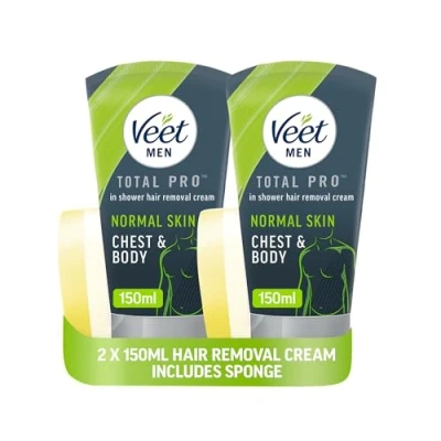 Image of Veet Men In shower hair Removal Cream, Chest &amp; Body, Normal Skin, 150ml each (pack of 2, 300ml) Softer growth, Dermatologically tested