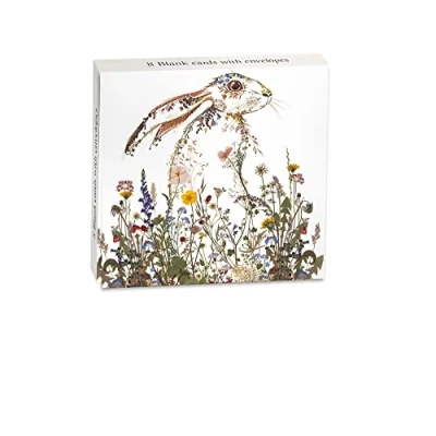 Image of Museums &amp; Galleries General Female Open Blank / Birthday Pack of 8 Notecards Hare and Wild Flowers Eco Friendly Recyclable