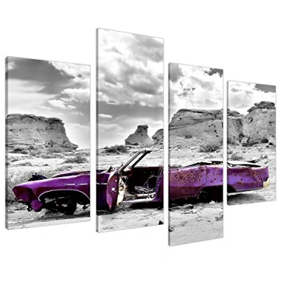 Image of Large Abstract Purple Canvas Wall Art Pictures Set XL Prints Car 4144