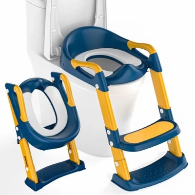 Image of Potty Training Toilet Seat, Adjustable Toddlers Trainer with Steps Non Slip Handle &amp; Soft Cushion Foldable Travel Seat Toddler Child for Kids Boys Girls, Blue