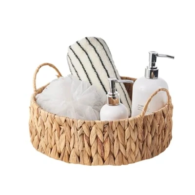 Image of Eden &amp; Willow Round Water Hyacinth Tray, Decorative Centrepiece Fruit Basket Bowl Natural Hand Woven Seagrass Serving Tray with Handles and Raised Edges (Medium, 1, Count)