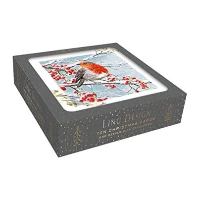 Image of Box of 10 Robin &amp; Berries Gold Foiled Christmas Cards Boxes Xmas Card Packs X15161HA