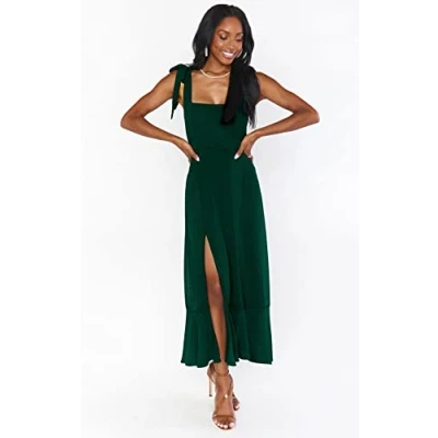 Image of BIXPAK Women&#039;s Elegant Bridesmaid Dresses 2023 Summer Square Neck Ruffle Side Split Midi Formal Dress for Wedding Guest Cocktail Party (Color : Dark green, Size XL)
