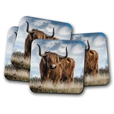 Image of 4 Set Funny Highland Cow Coaster Cattle Scotland Hairy Fluffy #13165