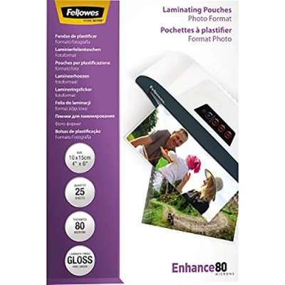 Image of Fellowes Laminating Pouches (10x15cm), Gloss Finish, 25 Sheets, 160 Micron (2 x 80 Micron) High Quality Ideal for Photos