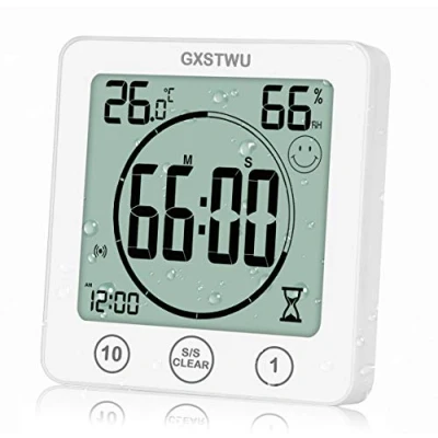 Image of GXSTWU Digital Bathroom Clock Shower Timer with Alarm, Waterproof Clocks for Kitchen Thermometer Hygrometer Wall Suction Cup Hanging Hole Stand Magnet (1pack)