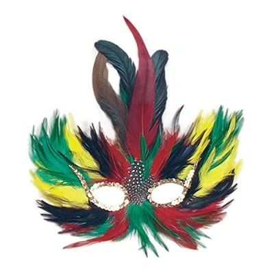 Image of Bristol Novelty EM015 Feather Mask Green, Red and Yellow Pack of 1 Eye, Womens, One Size