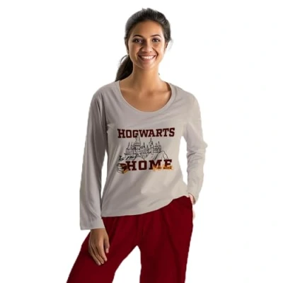 Image of United Labels Harry Potter Women&#039;s Long Pyjamas, Beige Red, Hogwarts is My Home, Pyjama Set with Sleeve Shirt and Trousers, Beige/Red, M
