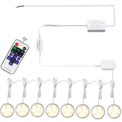 Image of AIBOO Linkable Under Cabinet LED Lighting 12V Dimmable Puck Lights Hardwired with Wireless RF Remote Control for Kitchen Mood Lighting(8 Lights, Warm White)