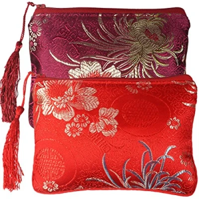 Image of kilofly Chinese Silk Brocade Padded Tassel Zipper Jewelry Pouch Bag, Set of 2