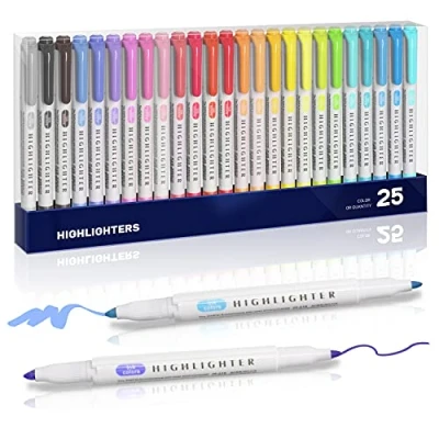 Image of EooUooIP Highlighters Pen Set, 25 Colors Dual Tip Colour Highlighter Pens, Broad and Fine Tips Pastel for Student Office School Classroom,Assorted Colours