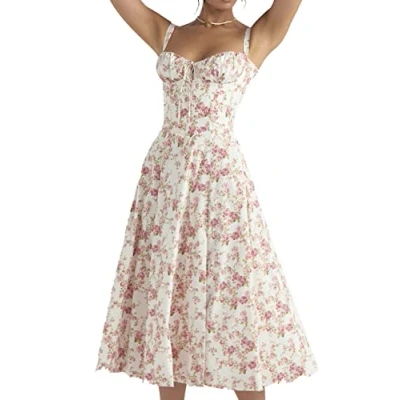 Image of LPBSKHJW Women Floral Corset Midi Dress, Print Bustier Sundress, Summer Beach Flowy Slit Sundress (H,XL)