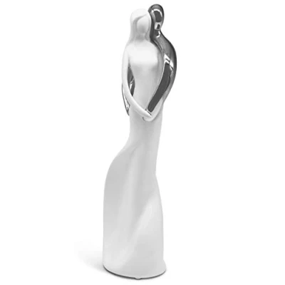 Image of sculpture &quot;Affection&quot; ceramic couple in love white &amp; silver as decoration modern 31cm high figure symbol for harmony ideal gift