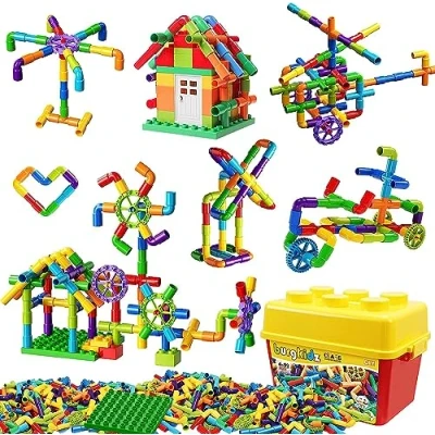 Image of burgkidz 188 Piece Pipe Tube Toy, Sensory Water Locks Construction Building Blocks, Educational Learning Toys with Wheels and Baseplate for Kids Boys Girls Age 3+